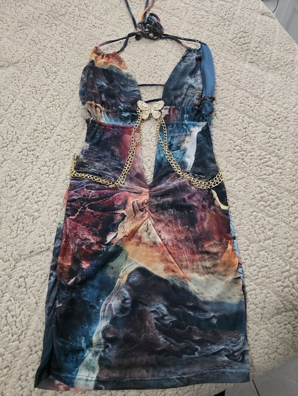 Windsor Multicolor Blue-Red Halter Backless Dress with Gold Chain